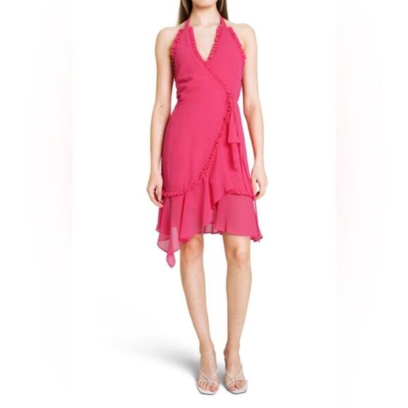 NWOT Jasmine Ruffle Halter Wrap Dress In Pink Size L - Picture 1 of 7